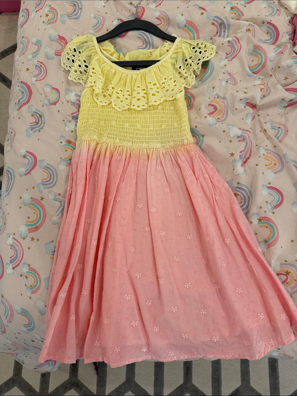 Zuni Yellow & Pink Eyelet Ruffle Smocked Girls' Dress